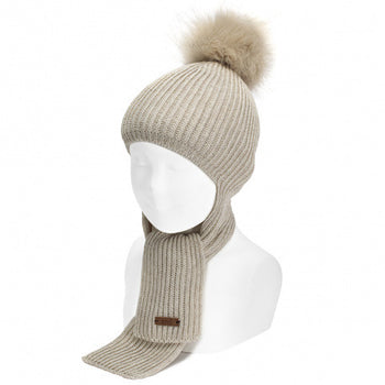 English rib stitch scarf-hat with faux fur pompom